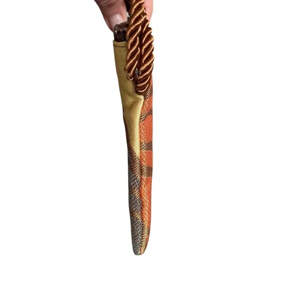 Women's brown orange tan zippered wristlet pouch clutch bag rope wrist strap - Picture 4 of 4